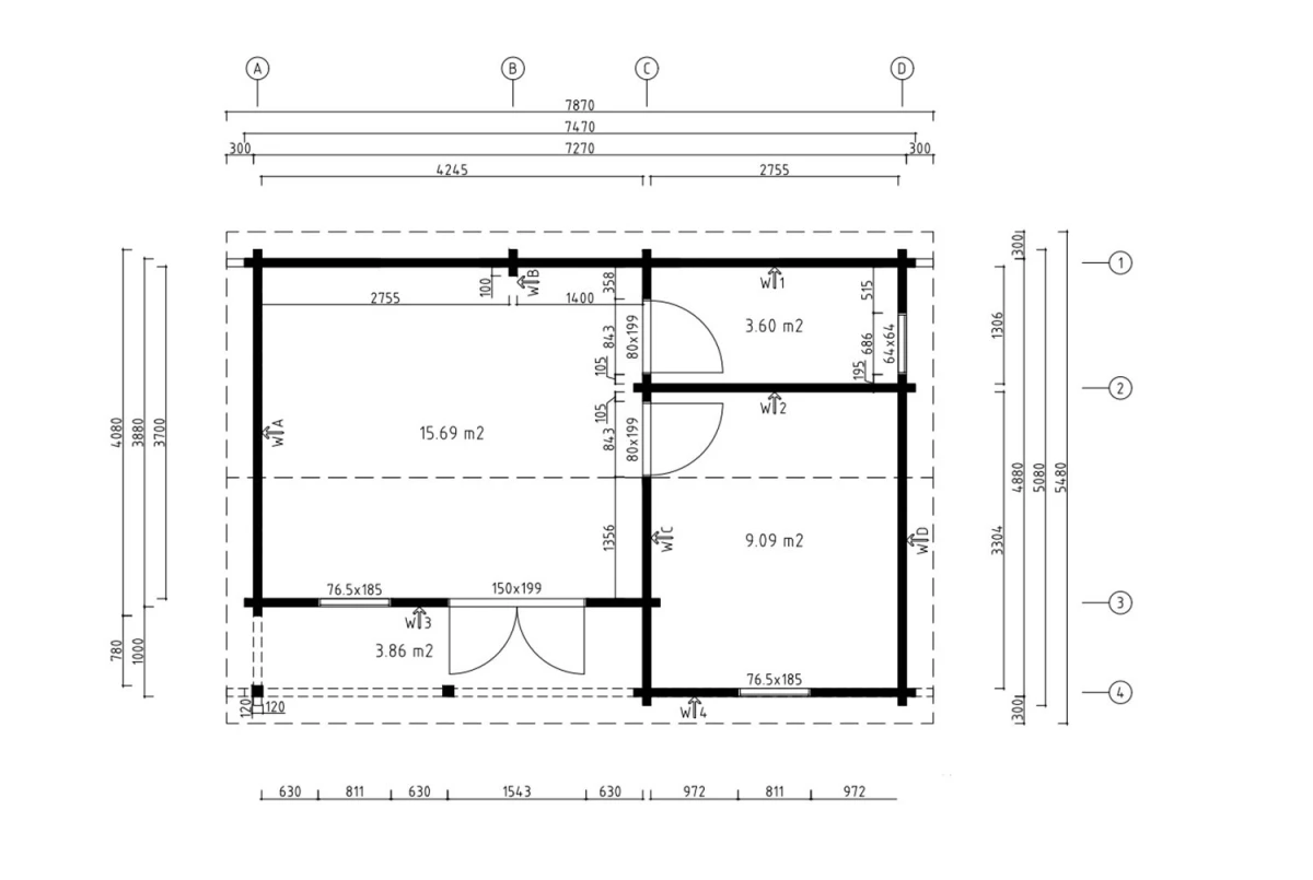 Chalet bois brut L'ÉCLIPSE - Toit double pente - 3 pièces - 28,38 m² avec auvent de 3,86 m² - Madriers 90 mm contrecollés
