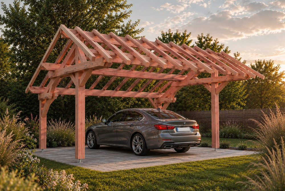 Carport bois Toit asymétrique 2 voitures PERSPECTIVE - 6,30 x 5,41m - Douglas