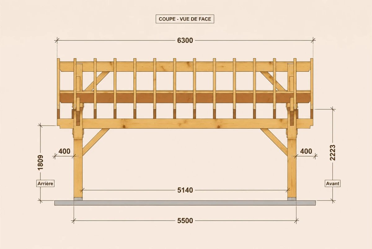 Carport bois Toit asymétrique 2 voitures PERSPECTIVE - 6,30 x 5,41m - Douglas
