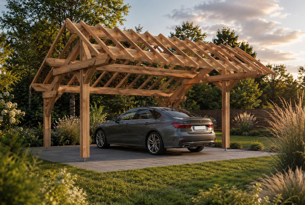 Carport bois Toit asymétrique 2 voitures PERSPECTIVE 6,30 × 5,41 m - Épicéa autoclave classe 3