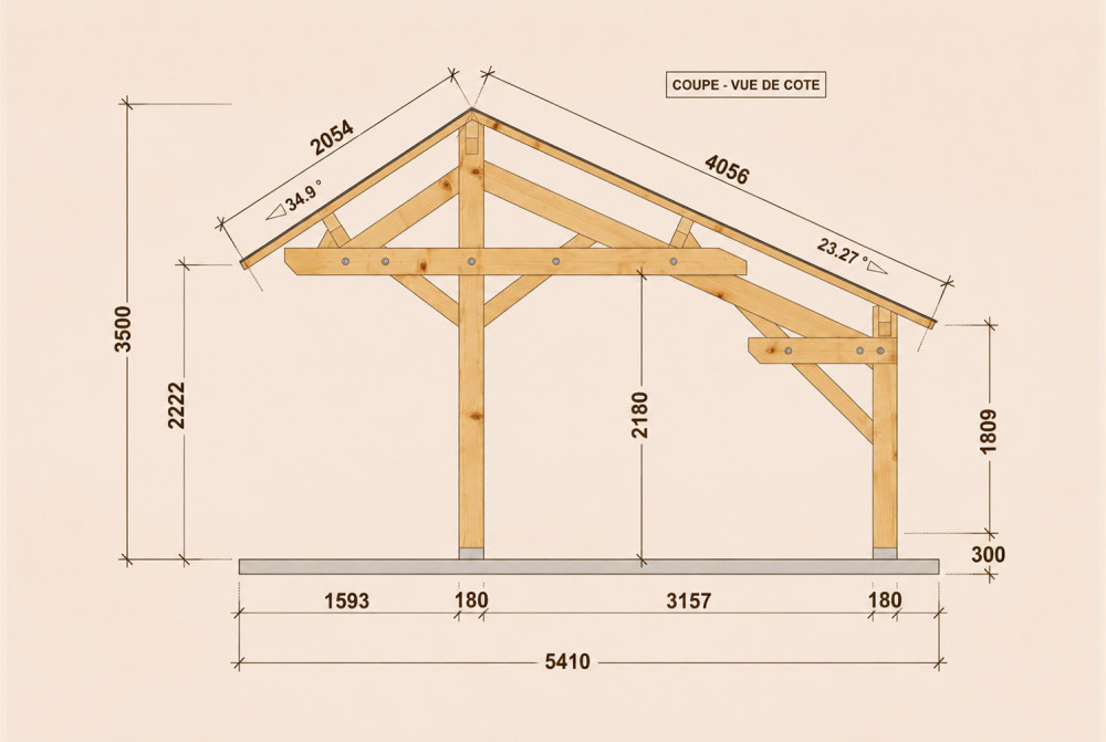 Carport bois Toit asymétrique 2 voitures PERSPECTIVE 6,30 × 5,41 m - Épicéa autoclave classe 3