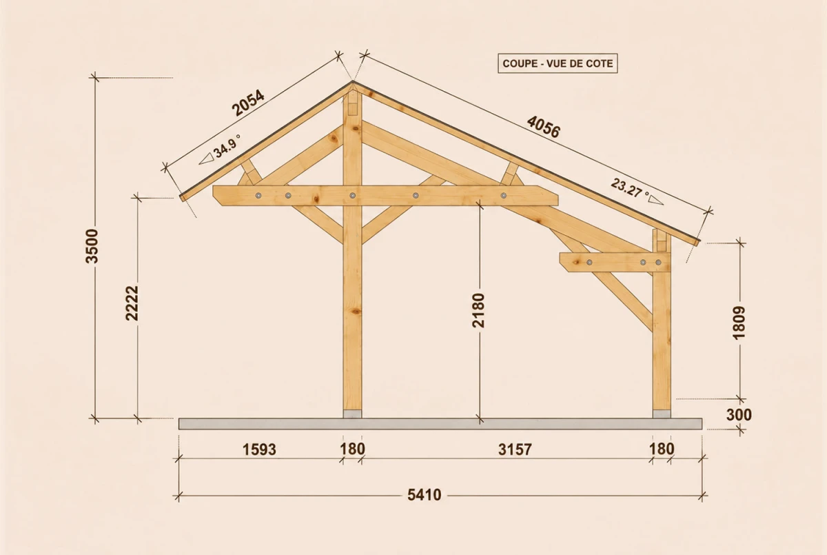 Carport bois Toit asymétrique 2 voitures PERSPECTIVE 6,30 × 5,41 m - Épicéa autoclave classe 3