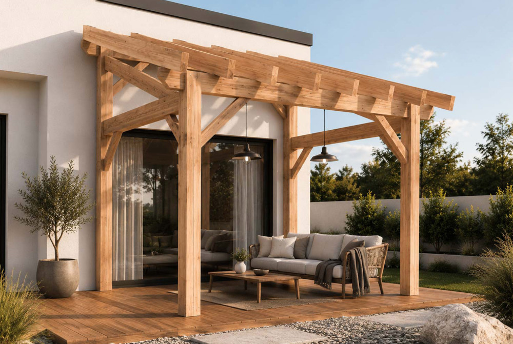 Pergola bois adossée AZIMUT 3,50 × 3,25 m - Épicéa classe 2