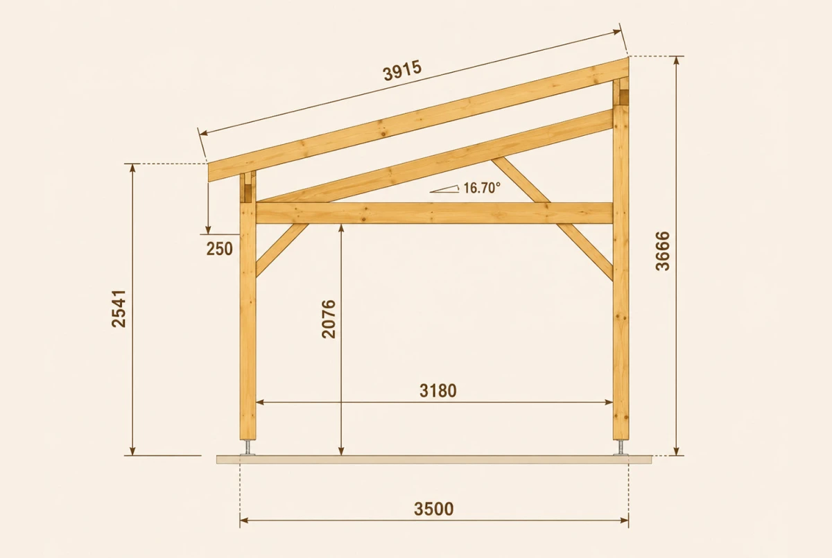 Carport bois Toit monopente 1 voiture AXIAL 3,75 × 6,50 m - Épicéa classe 2