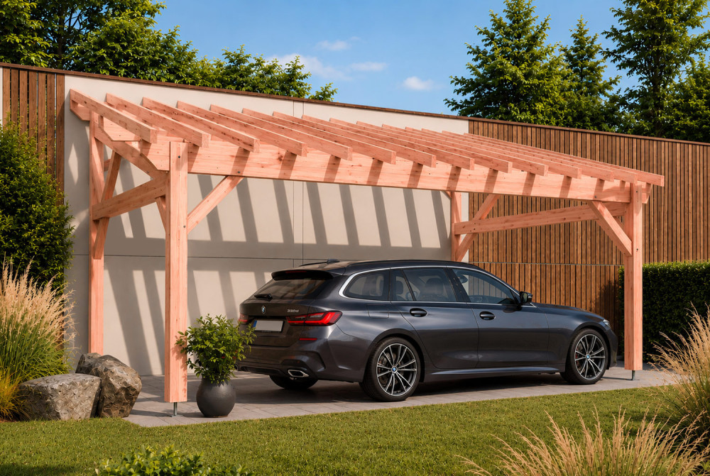 Carport bois Toit monopente 1 voiture PARALLÈLE 4,25 × 6,50 m - Douglas