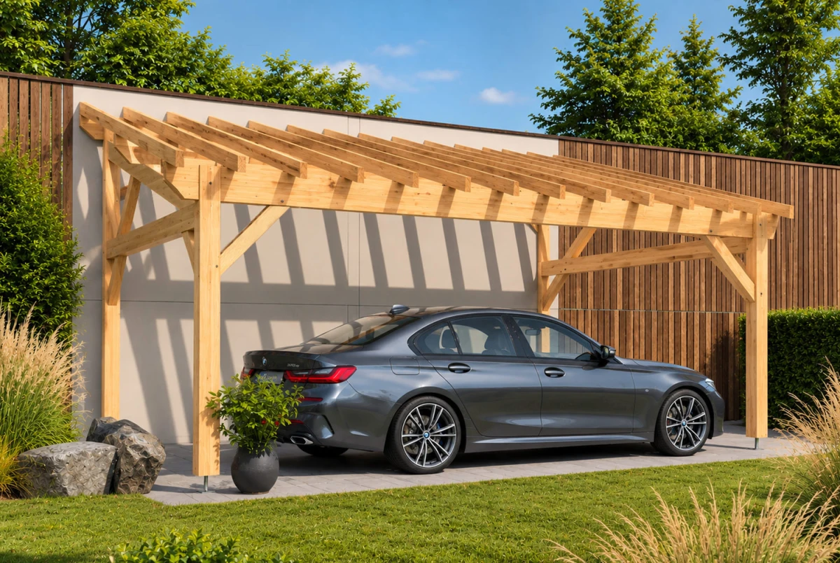 Carport bois Toit monopente 1 voiture PARALLÈLE 4,25 × 6,50 m - Épicéa classe 2