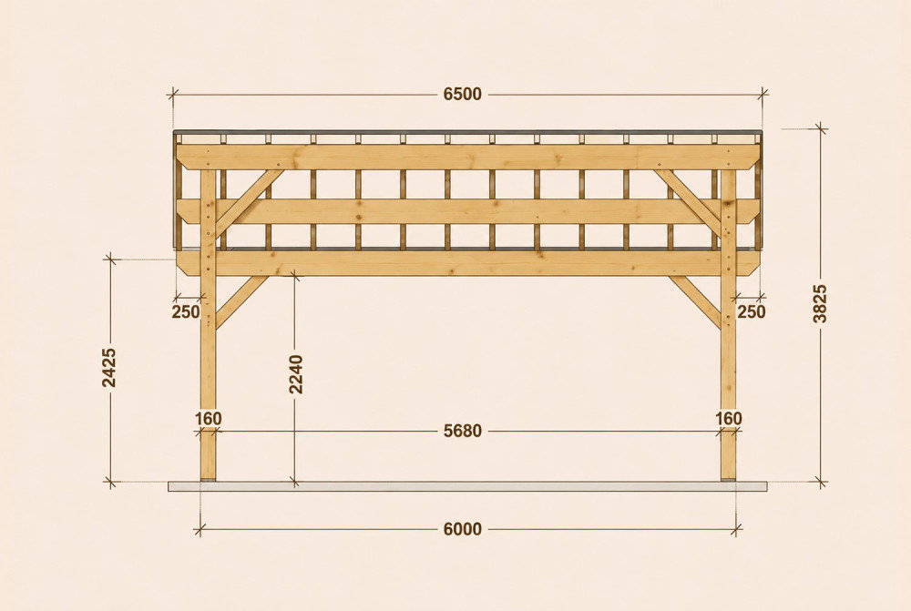 Carport bois Toit monopente 1 voiture PARALLÈLE 4,25 × 6,50 m - Épicéa classe 2