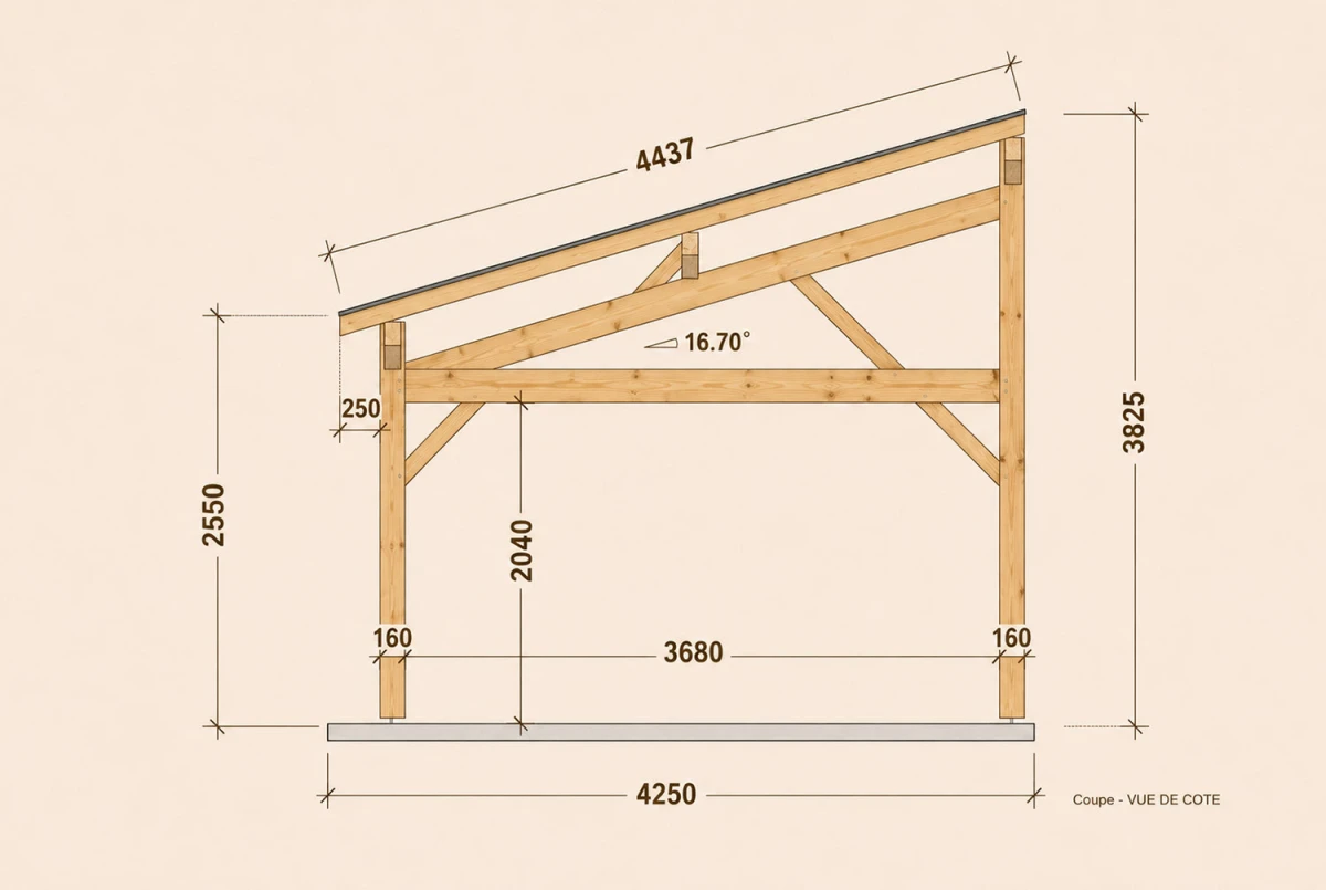 Carport bois Toit monopente 1 voiture PARALLÈLE 4,25 × 6,50 m - Épicéa classe 2