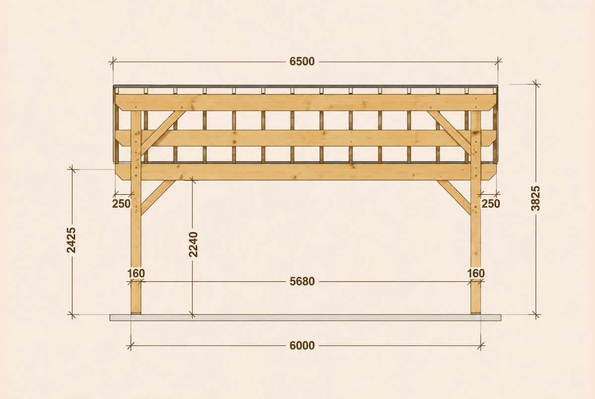 Carport bois Toit monopente 1 voiture PARALLÈLE 4,25 × 6,50 m - Épicéa autoclave classe 3