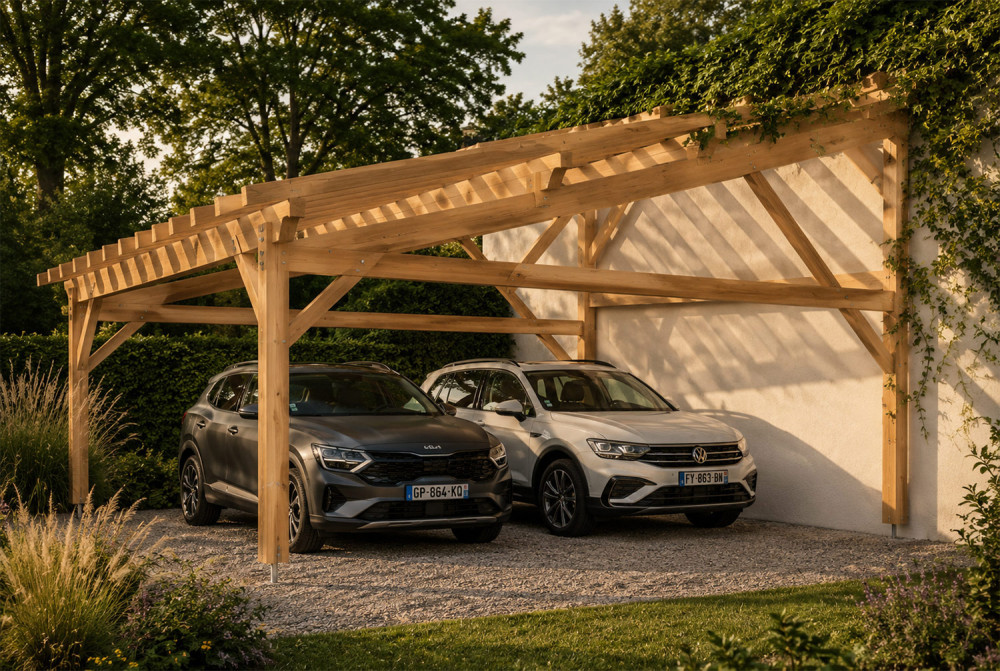 Carport bois Toit monopente 2 voitures CONFLUENCE 6,25 × 5,50 m - Épicéa classe 2
