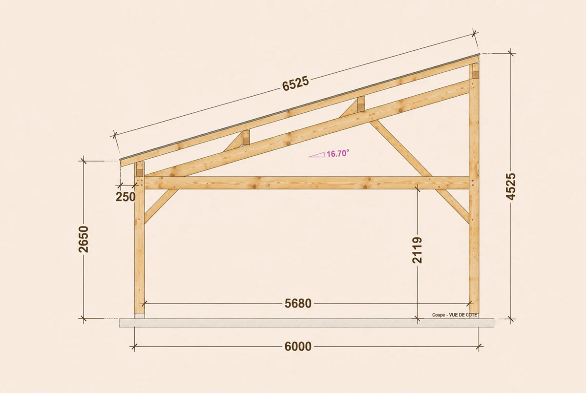 Carport bois Toit monopente 2 voitures CONFLUENCE 6,25 × 5,50 m - Épicéa classe 2