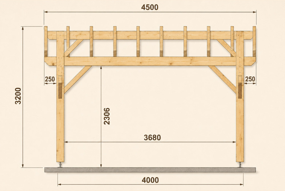 Pergola bois traditionnelle ÉQUATEUR 4,50 × 4,50 m - Douglas