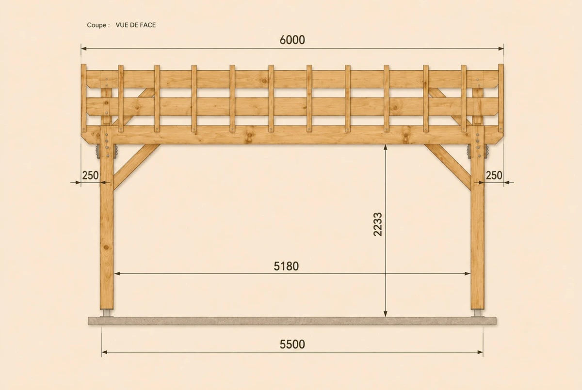 Carport bois Toit double pente 2 voitures MÉRIDIEN 6 × 6 m - Douglas