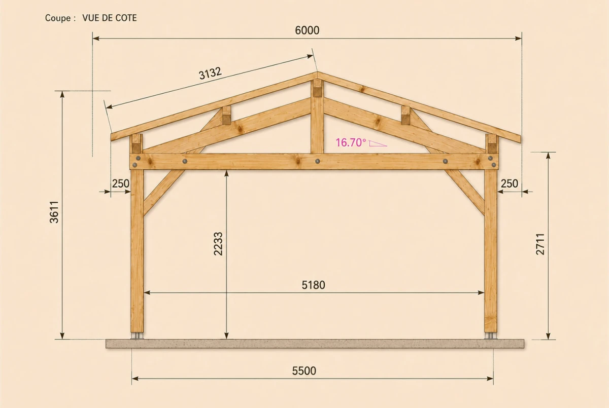 Carport bois Toit double pente 2 voitures MÉRIDIEN 6 × 6 m - Douglas
