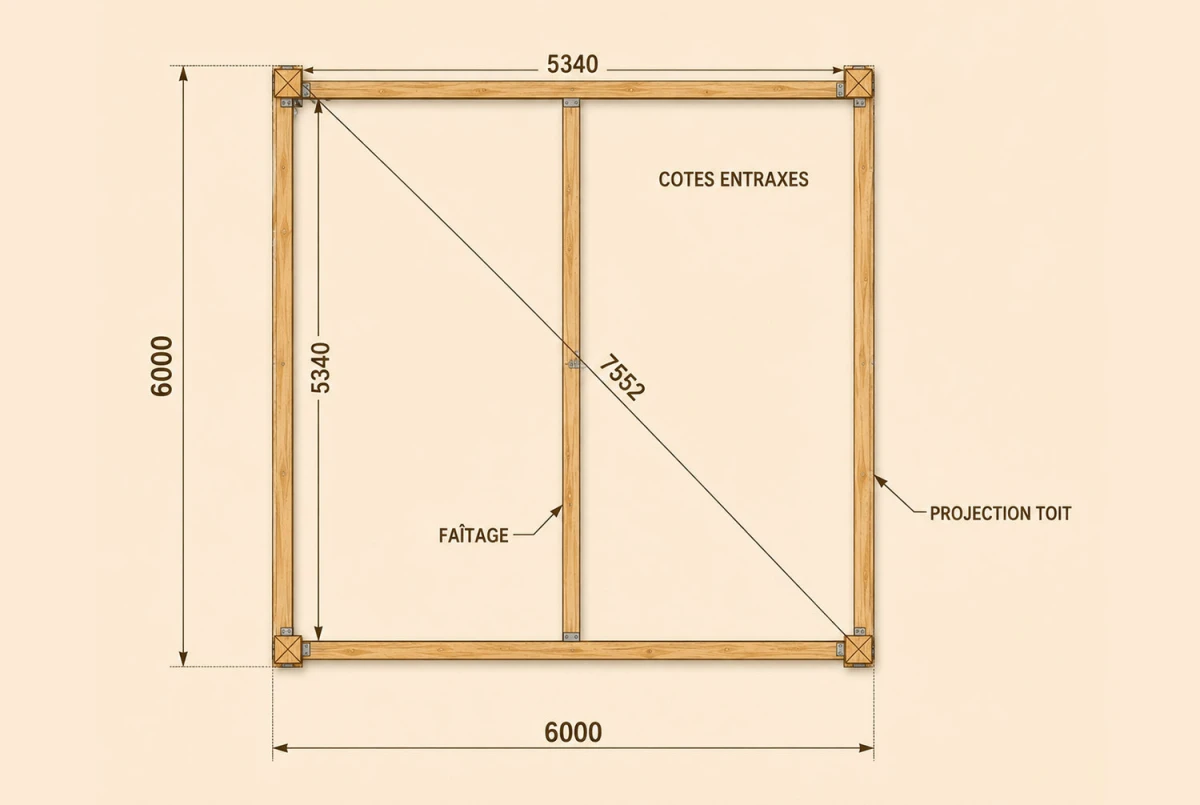 Carport bois Toit double pente 2 voitures MÉRIDIEN 6 × 6 m - Douglas
