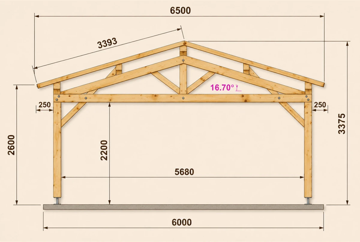 Carport bois Toit double pente 2 voitures HÉMISPHÈRE 6,50 × 4,50 m - Douglas