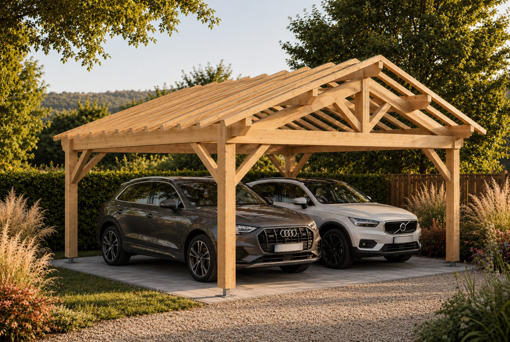 Carport bois Toit double pente 2 voitures HÉMISPHÈRE 6,50 × 4,50 m - Épicéa classe 2
