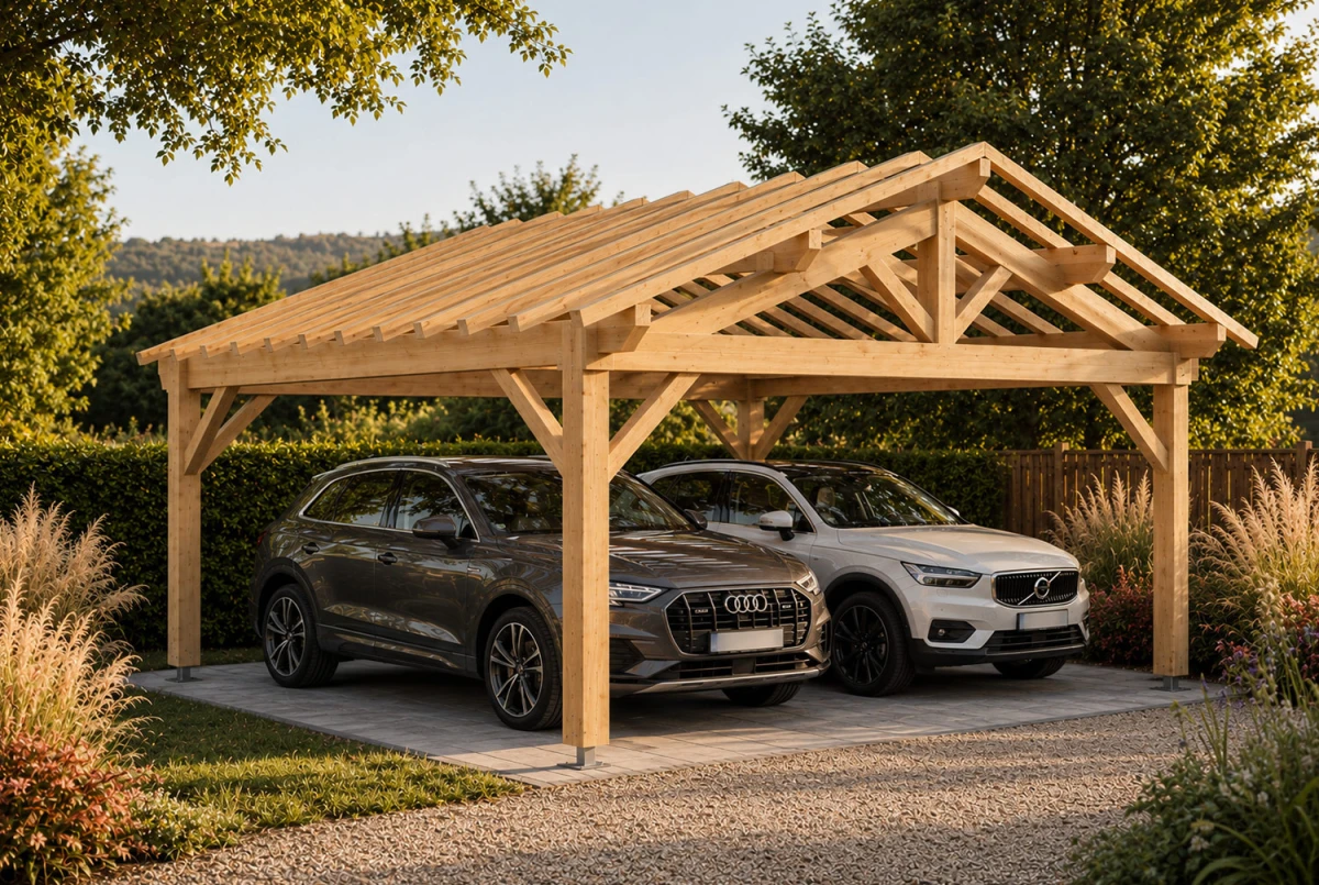 Carport bois Toit double pente 2 voitures HÉMISPHÈRE 6,50 × 4,50 m - Épicéa classe 2