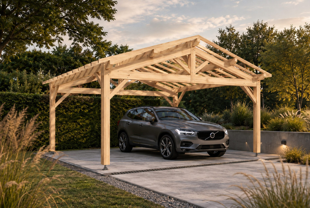 Carport bois Toit double pente 2 voitures ARCHIPEL 6,50 × 5,50 m - Épicéa classe 2