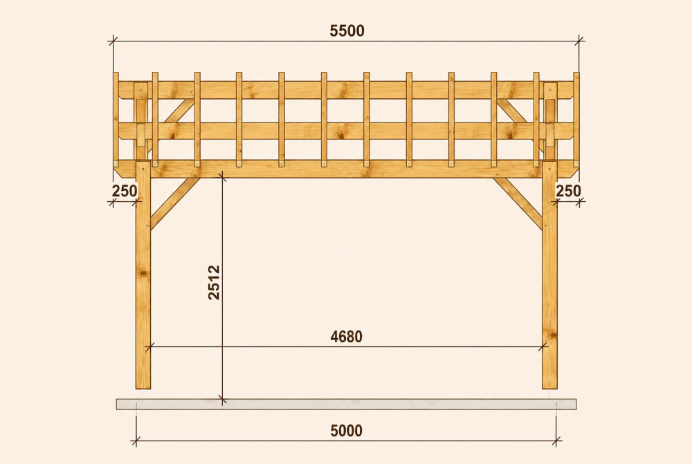 Carport bois Toit double pente 2 voitures ARCHIPEL 6,50 × 5,50 m - Épicéa classe 2