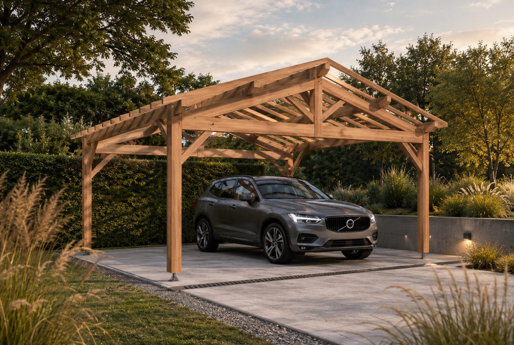 Carport bois Toit double pente 2 voitures ARCHIPEL 6,50 × 5,50 m - Épicéa autoclave classe 3