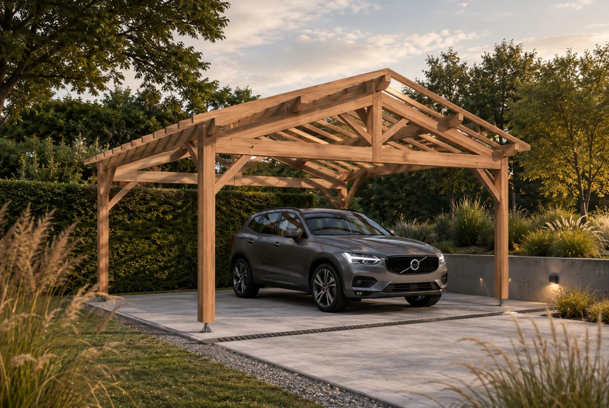 Carport bois Toit double pente 2 voitures ARCHIPEL 6,50 × 5,50 m - Épicéa autoclave classe 3