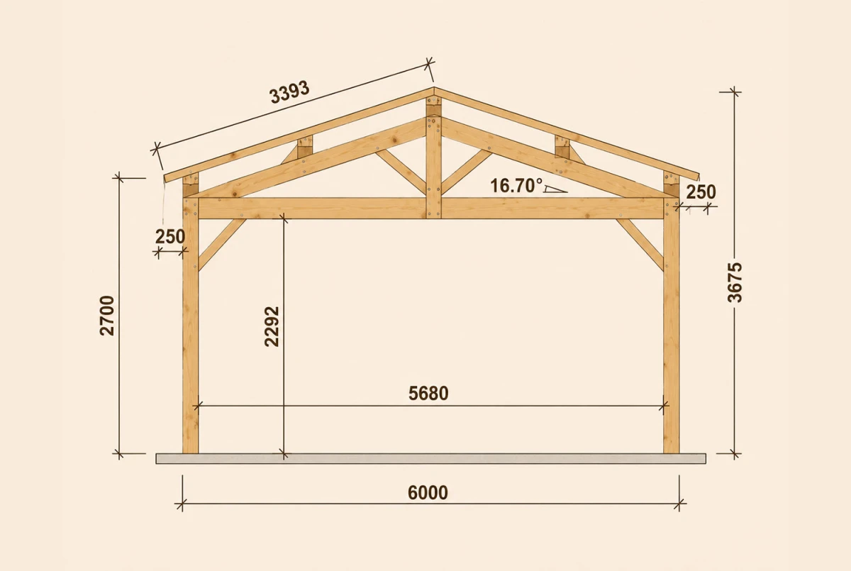 Carport bois Toit double pente 2 voitures ARCHIPEL 6,50 × 5,50 m - Épicéa autoclave classe 3