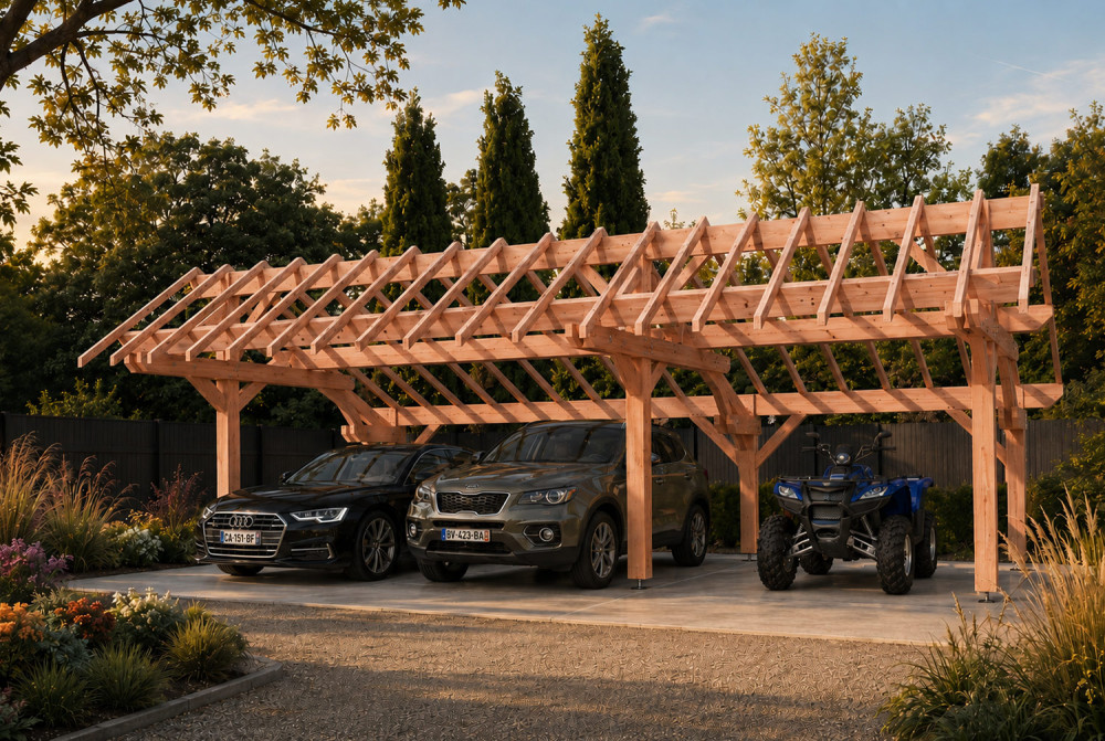 Carport bois Toit double pente 3 voitures LONGITUDE 9,48 × 5,41 m - Douglas