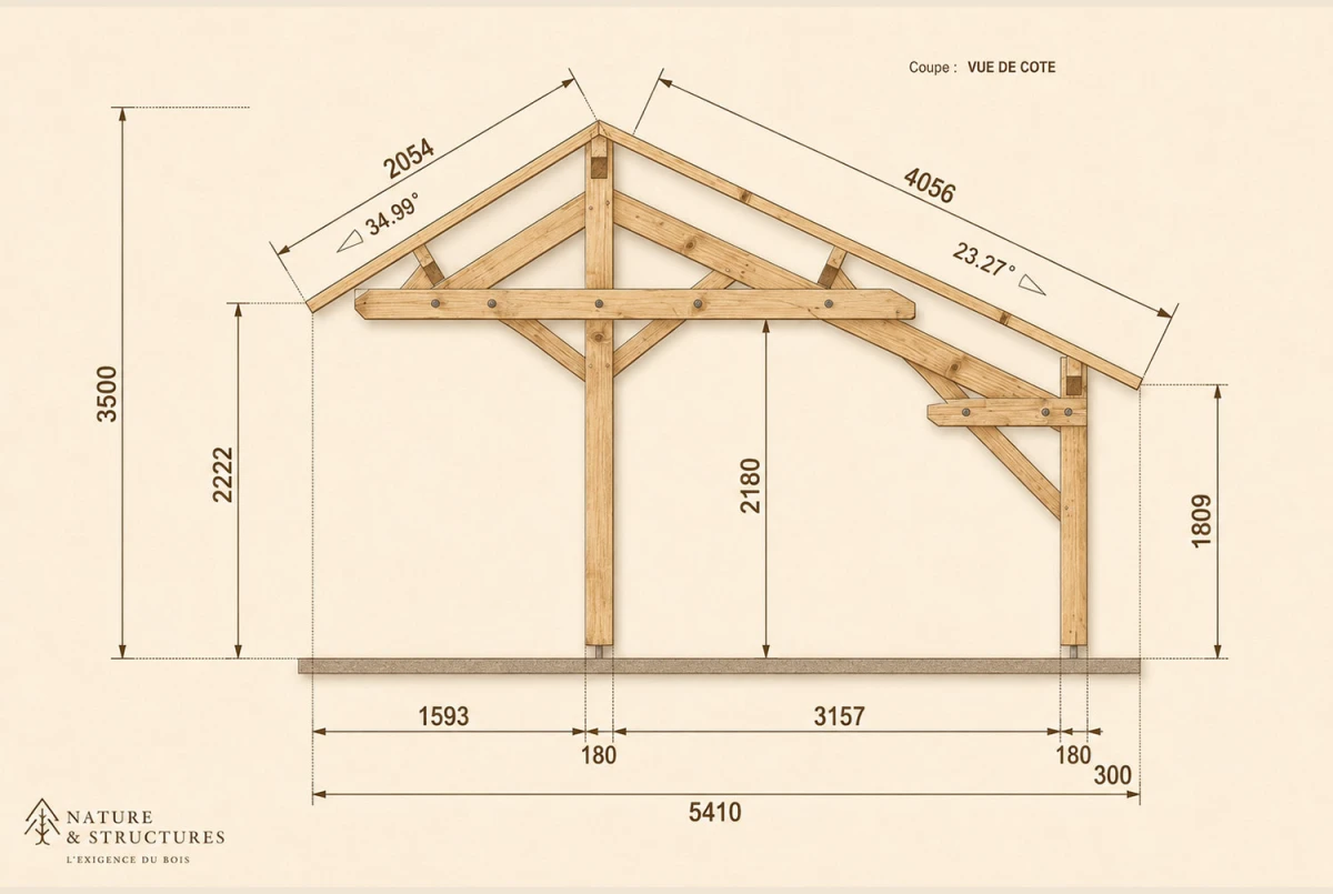 Carport bois Toit double pente 3 voitures LONGITUDE 9,48 × 5,41 m - Douglas