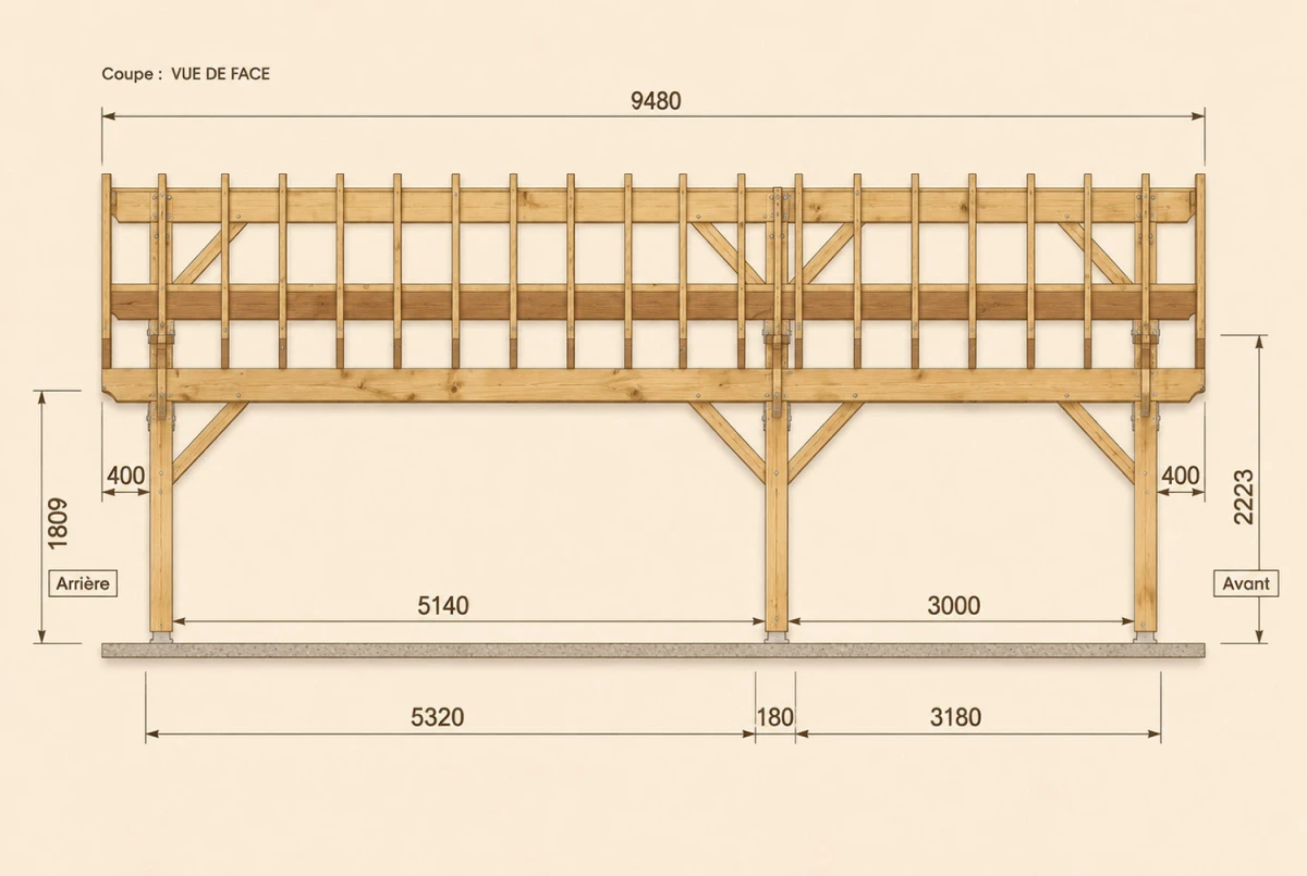 Carport bois Toit double pente 3 voitures LONGITUDE 9,48 × 5,41 m - Douglas