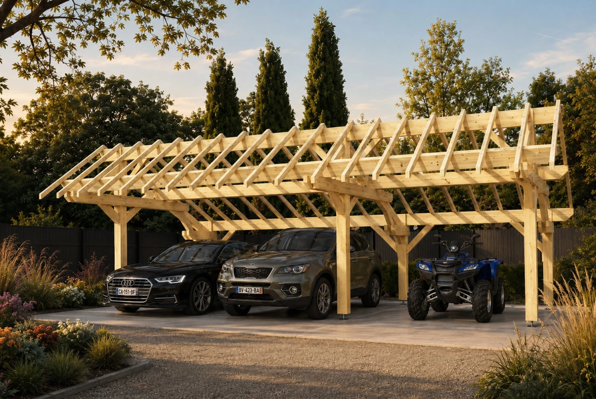 Carport bois Toit double pente 3 voitures LONGITUDE 9,48 × 5,41 m - Épicéa classe 2