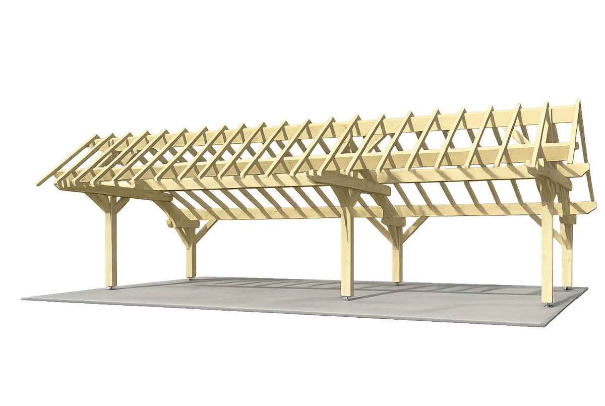 Carport bois Toit double pente 3 voitures LONGITUDE 9,48 × 5,41 m - Épicéa classe 2