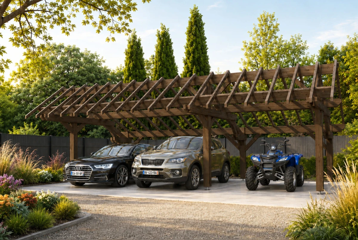 Carport bois Toit double pente 3 voitures LONGITUDE 9,48 × 5,41 m - Épicéa autoclave classe 3