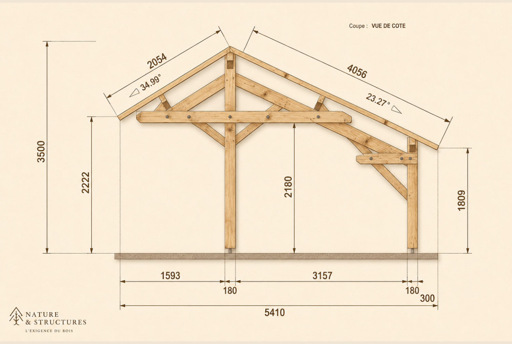 Carport bois Toit double pente 3 voitures LONGITUDE 9,48 × 5,41 m - Épicéa autoclave classe 3