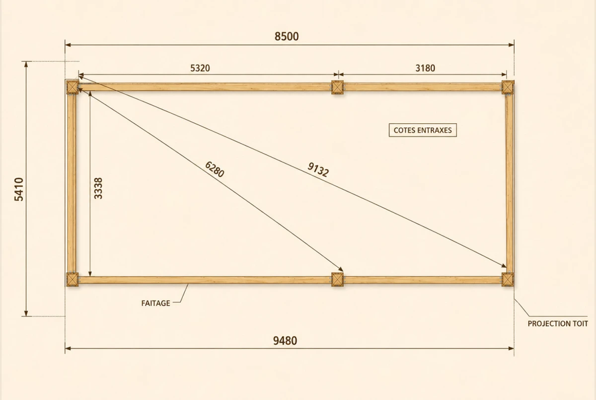 Carport bois Toit double pente 3 voitures LONGITUDE 9,48 × 5,41 m - Épicéa autoclave classe 3