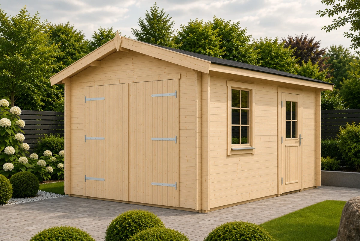Garage bois brut AURON - Toit double pente - 1 voiture - 15,78 m² - Madriers 44 mm