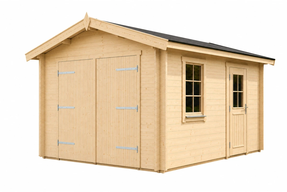 Garage bois brut AURON - Toit double pente - 1 voiture - 15,78 m² - Madriers 44 mm