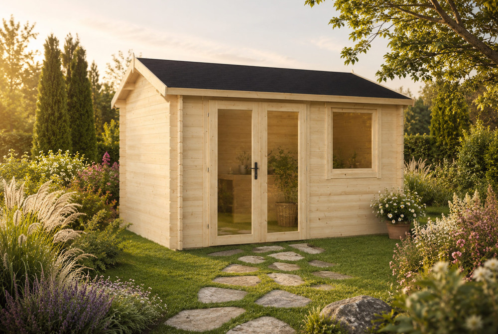 Abri de jardin bois bois brut CÉLESTE 11 - Toit double pente - 11,10 m² - Madriers 44 mm