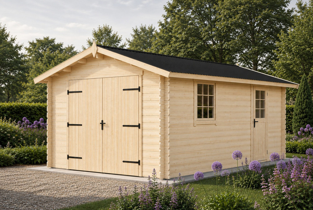 Garage bois brut SOLANO - Toit double pente - 1 voiture - 17,16 m² - Madriers 44 mm