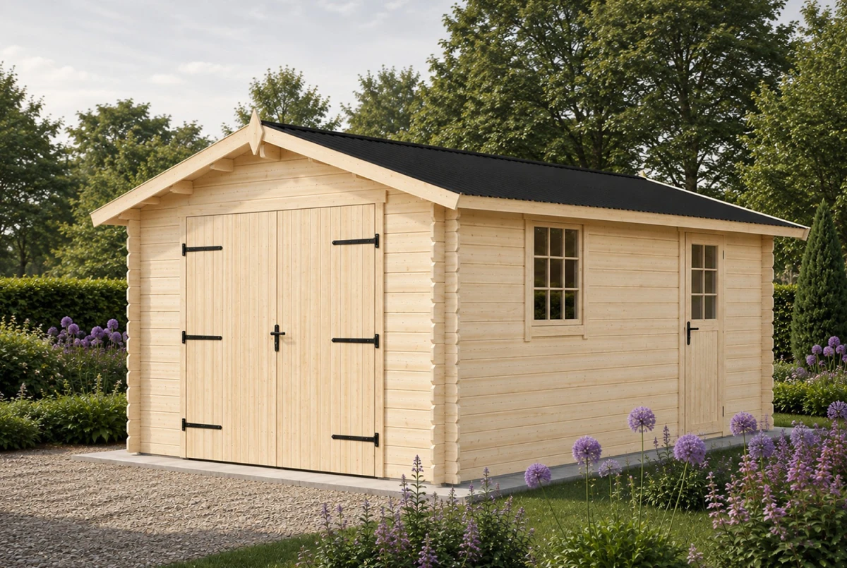 Garage bois brut SOLANO - Toit double pente - 1 voiture - 17,16 m² - Madriers 44 mm