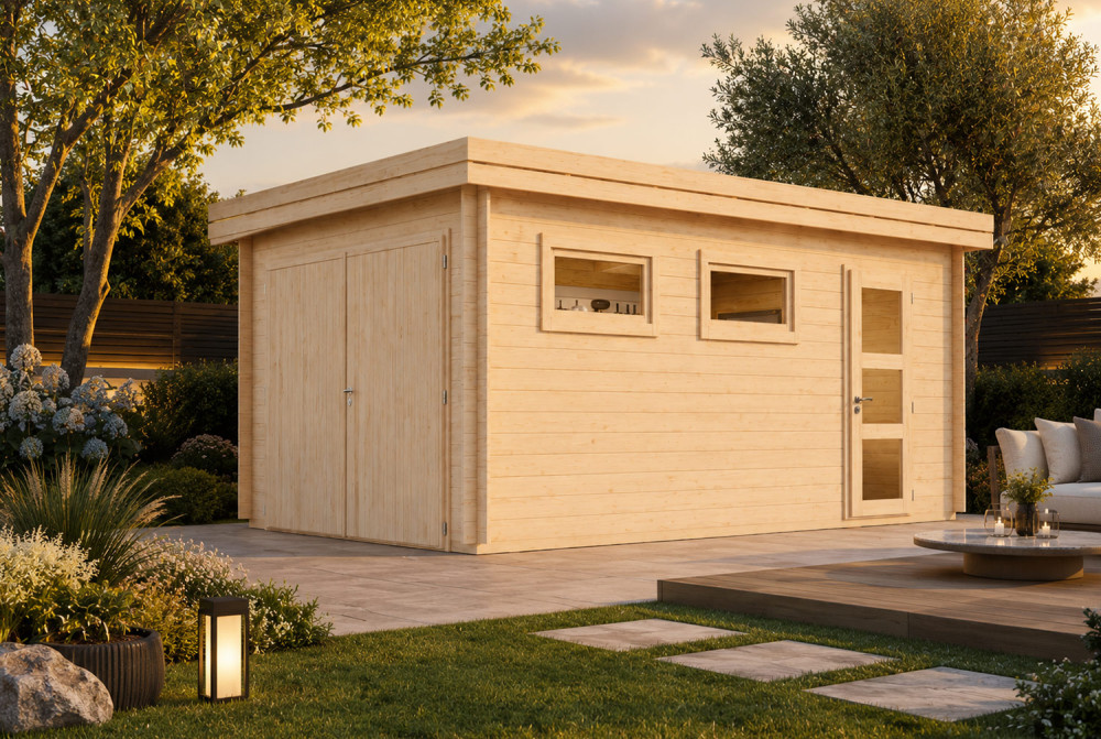Garage bois brut ORVEN - Toit plat - 1 voiture - 14,85 m² - Madriers 28 mm