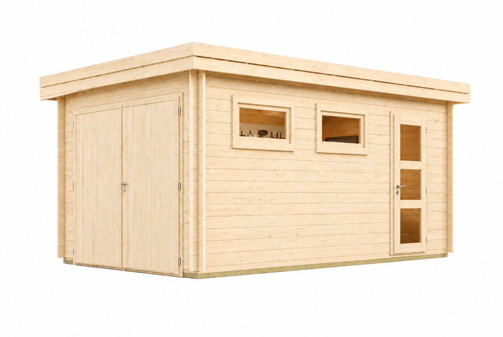 Garage bois brut ORVEN - Toit plat - 1 voiture - 14,85 m² - Madriers 28 mm