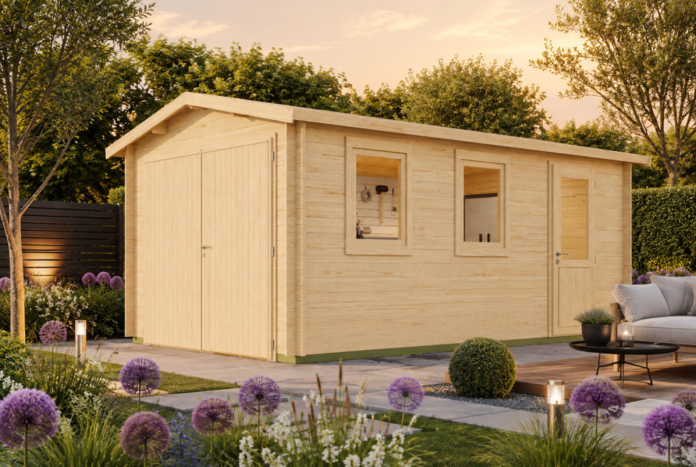 Garage bois brut VORTEX - Toit double pente - 1 voiture - 14,85 m² - Madriers 28 mm