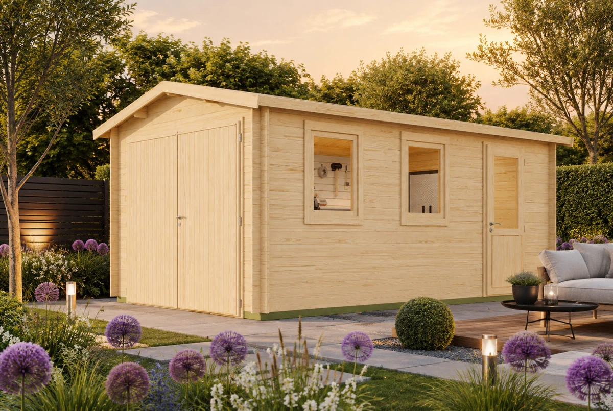 Garage bois brut VORTEX - Toit double pente - 1 voiture - 14,85 m² - Madriers 28 mm