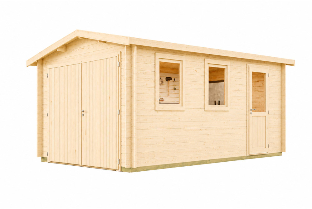 Garage bois brut VORTEX - Toit double pente - 1 voiture - 14,85 m² - Madriers 28 mm