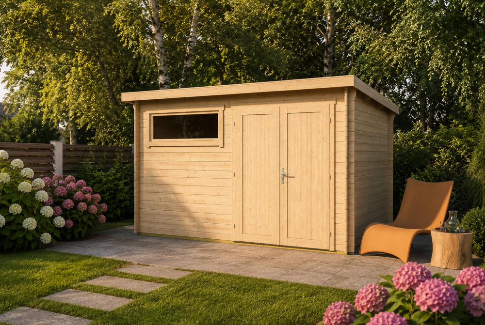 Abri de jardin bois brut ALIZÉ E - Toit plat - 9,87 m² - Madriers 28 mm