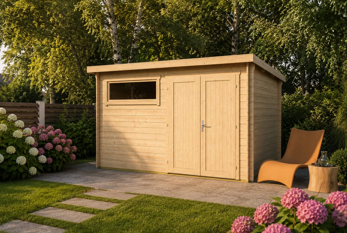 Abri de jardin bois brut ALIZÉ E - Toit plat - 9,87 m² - Madriers 28 mm