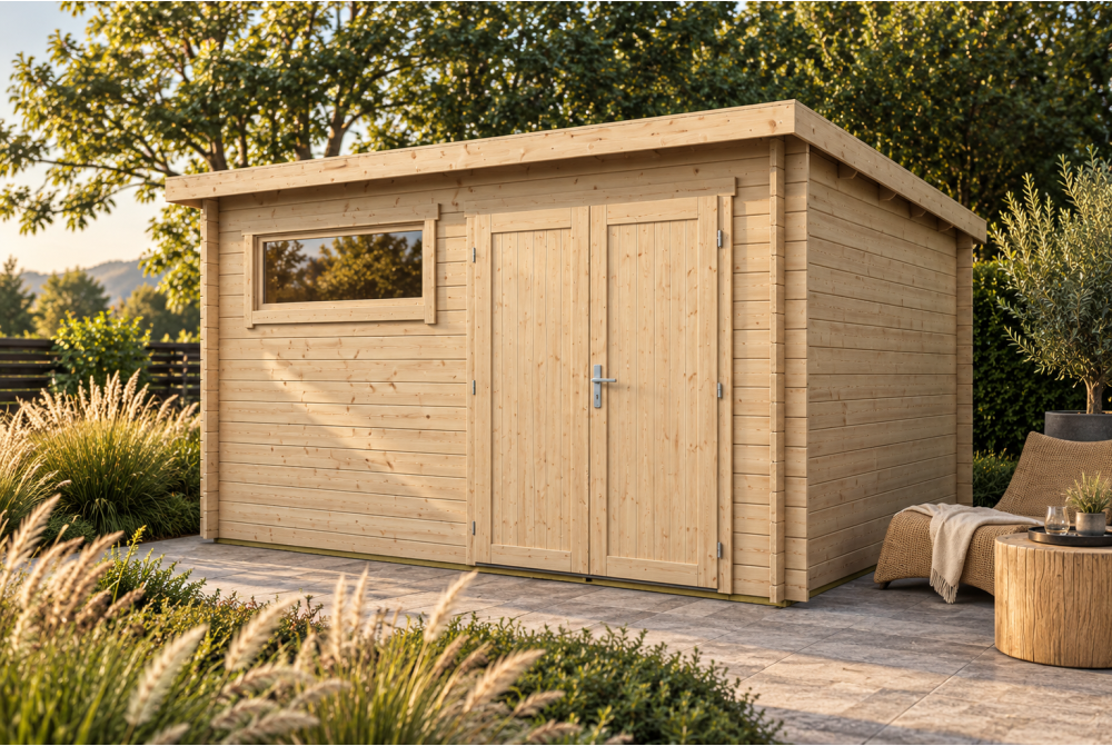 Abri de jardin bois brut ALIZÉ G - Toit plat - 15,40 m² - Madriers 28 mm