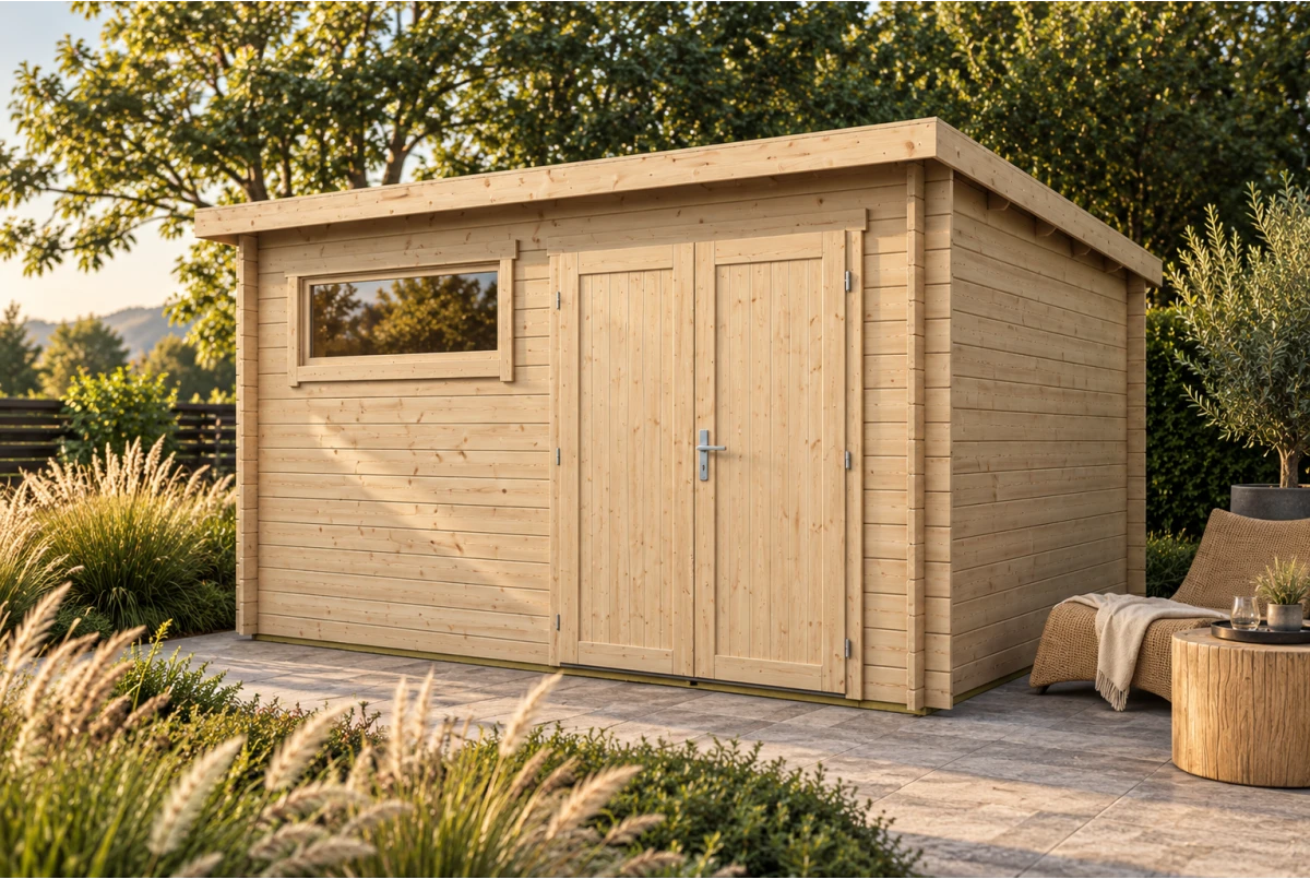 Abri de jardin bois brut ALIZÉ G - Toit plat - 15,40 m² - Madriers 28 mm
