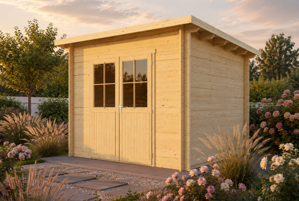 Abri de jardin bois brut HORIZON 3D - Toit plat - 7,31 m² - Madriers 28 mm